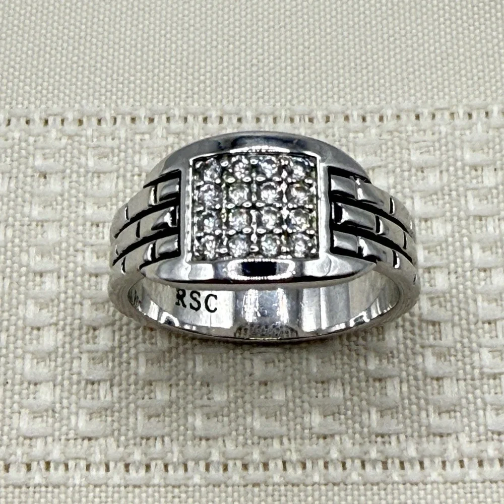Men's RSC Cigar Band Ring Silver Tone 4 Row CZ Stones Brick Texture Size 11.75
